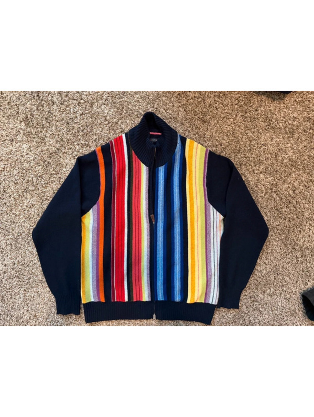 Vintage Tommy Hilfiger Knit Wool Cardigan Zip Up Multi Color Stripes Sweater m